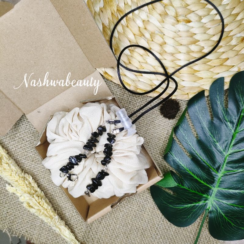 STRAP MASKER BATU KRISTAL 2in1 FREE SCRUNCHIE PREMIUM + BOX Exclusif / Konektor masker hijab