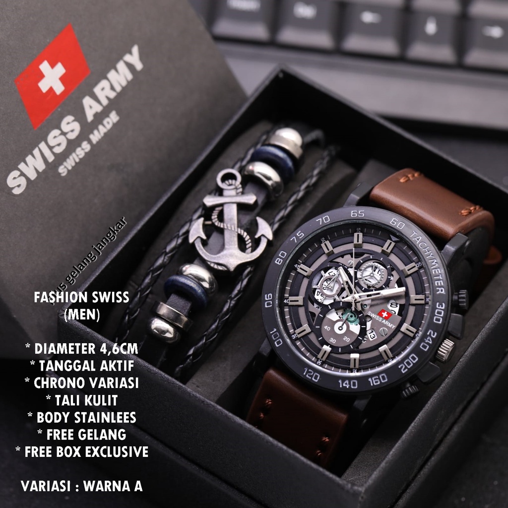 (FREE BOX) JAM TANGAN PRIA FASHION TALI KULIT BODY BULAT TANGGAL AKTIF FREE GELANG