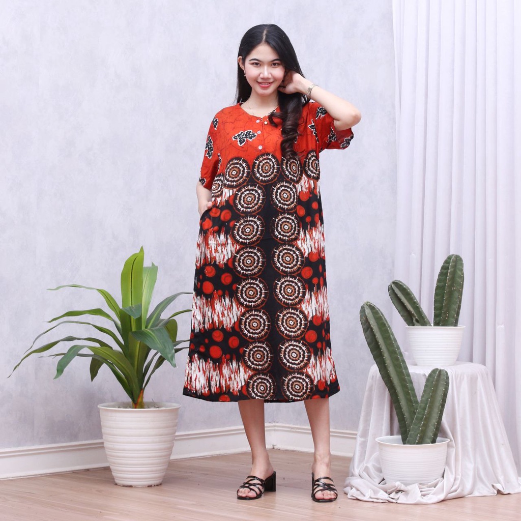 Batik Prass - Daster Floral Lengan Pendek Kancing Depan Busui Friendly || LD 108 - PB 110-KARINA ORANGE