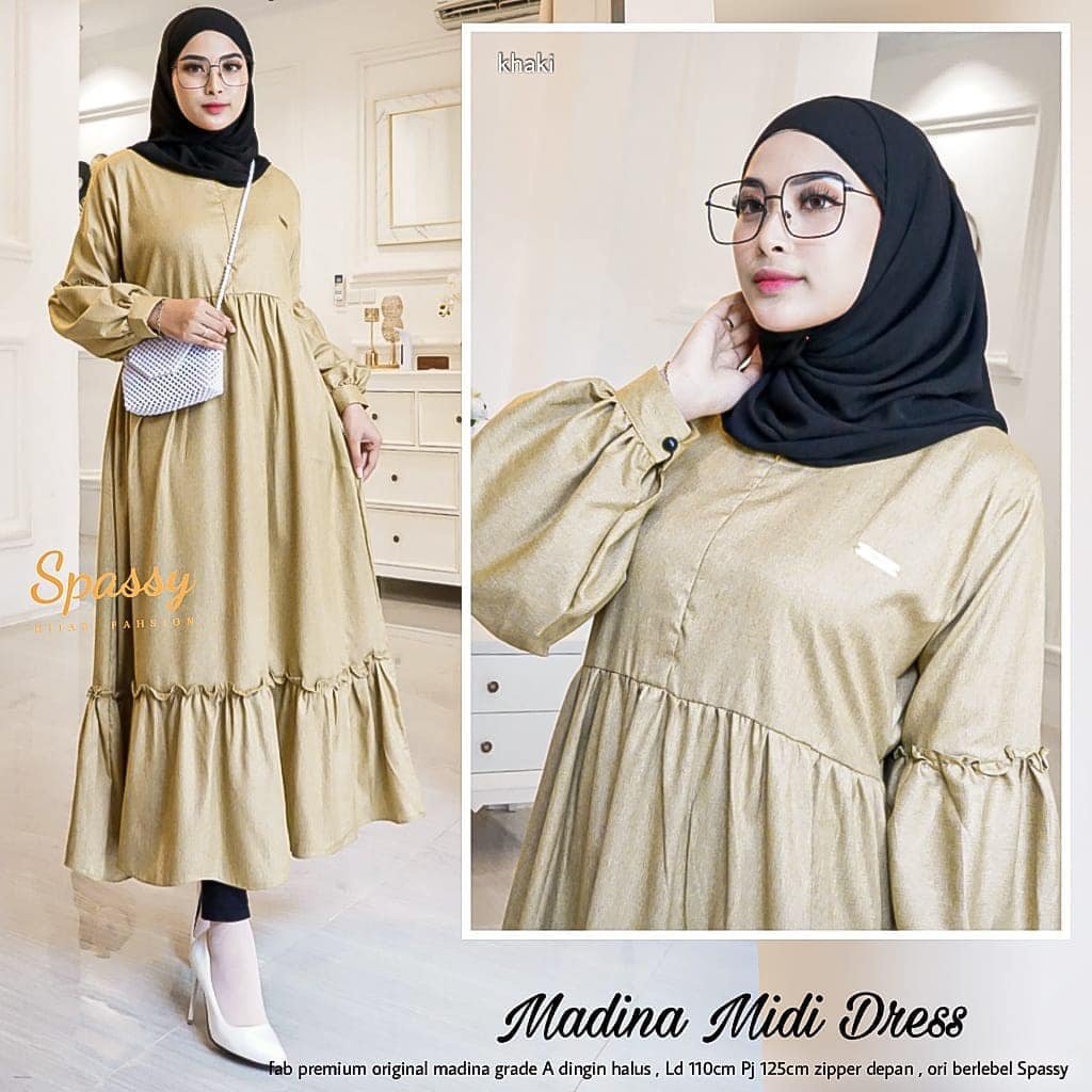 Madina Midi Dress Gamis Busui Lengan Balon Dress Maxi Jumbo Polos Pakaian Wanita Korean Style Model Terbaru