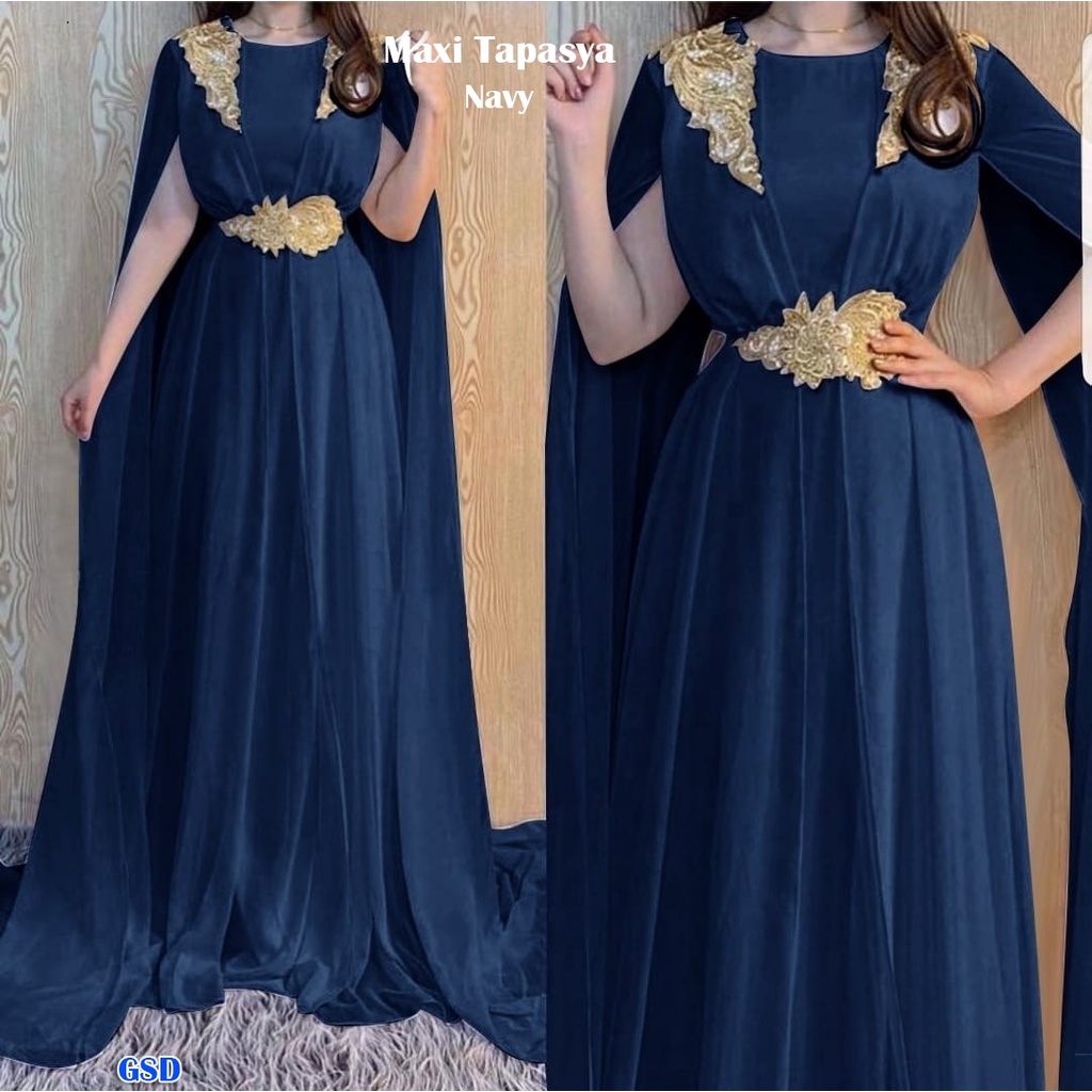 Maxi Tapasya/Baju Gamis Pesta Bordir Wanita  Longdress Muslimah Lengan Model Selendang  Bahan Moscrepe Size L