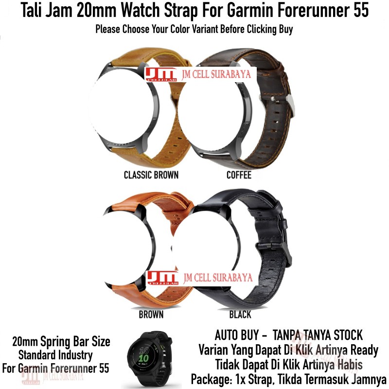 Tali Jam 20mm Watch Strap Garmin Forerunner 55 - Genuine Classic Leather Kulit