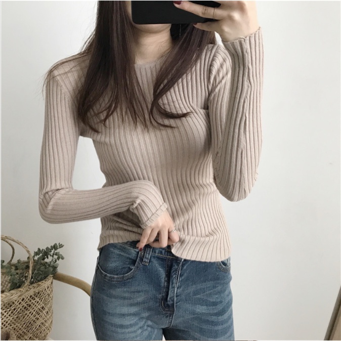 【Diskon Spesial】Sweater Rajut Lengan Panjang Kerah Setengah Tinggi Wanita Korea