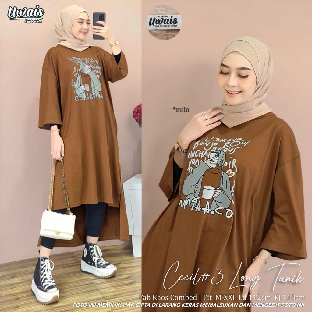 Pakaian Wanita Terbaru Cecil Long Tunik Matt Combed Aplikasi Sablon Baju Kaos Wanita Jumbo Midi Dress Muslim Tunik Panjang