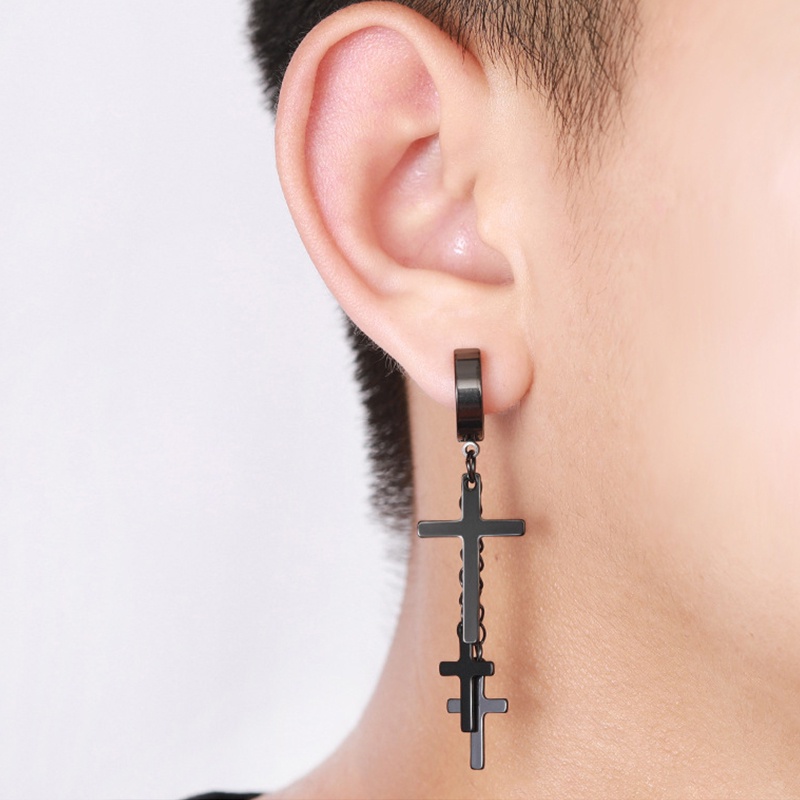 One Piece Versi Korea Stainless Steel Punk Anting-Anting Pria Cross Rumbai Anting-Anting Tanpa Tindik Telinga Klip Cincin Tren Anting-Anting