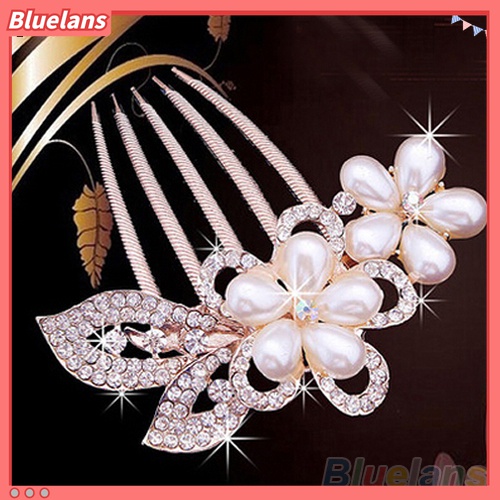Bluelans Jepit Rambut Model Sisir Bentuk Bunga Merak Aksen Mutiara Berlian Imitasi Untuk Pernikahan