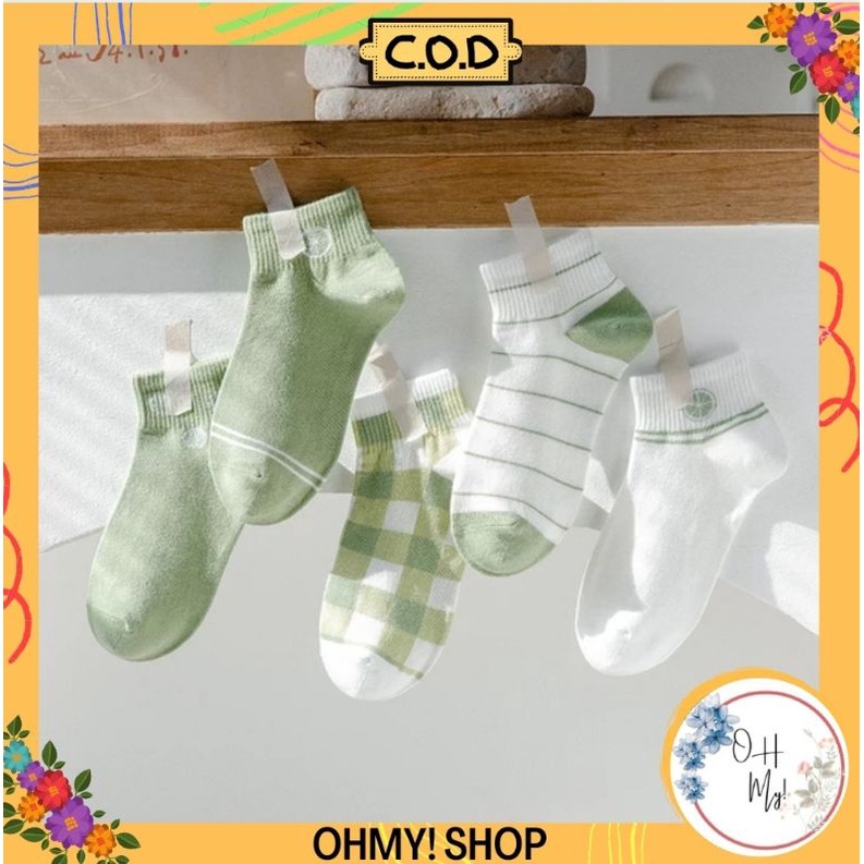 [ COD ] Kaos Kaki Wanita Motif Lemon Pendek Semata Kaki Lucu Hijau Lumut Korea Style Women Sock Import / Kaos Kaki Wanita Pendek Motif Kotak Garis-2