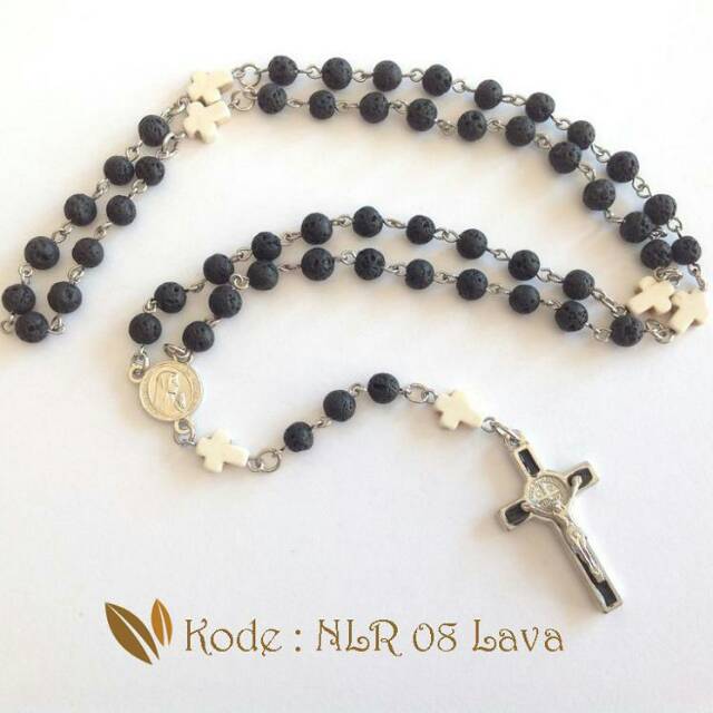 Kalung Rosario Batu Lava 6mm Salib Putih White Marble