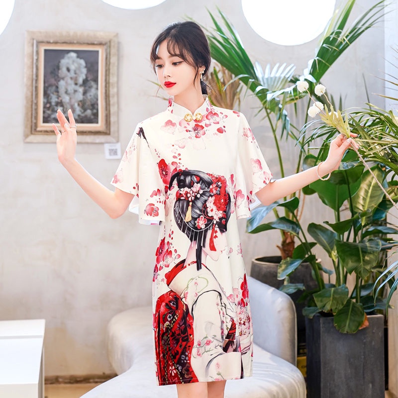 New printed cheongsam 202mm women's dress with large sleeves