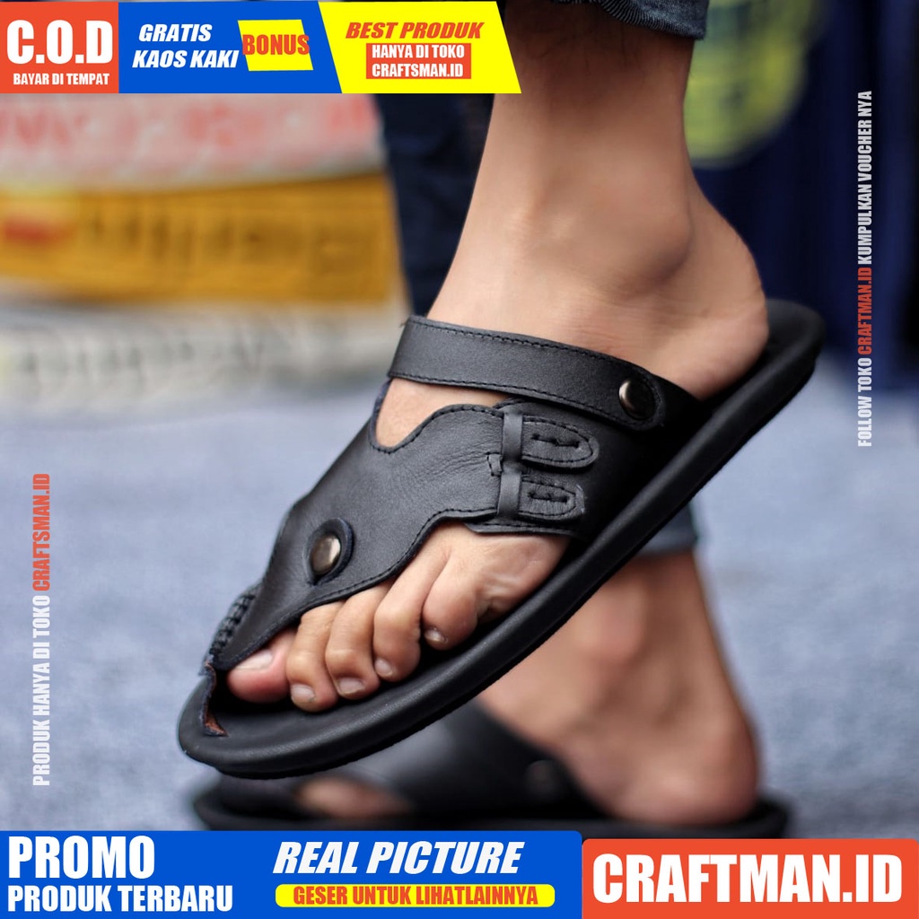 CRAFTS LUCKY SANDAL KULIT PRIA BLACK BROWN SENDAL CASUAL JEPIT PRIA