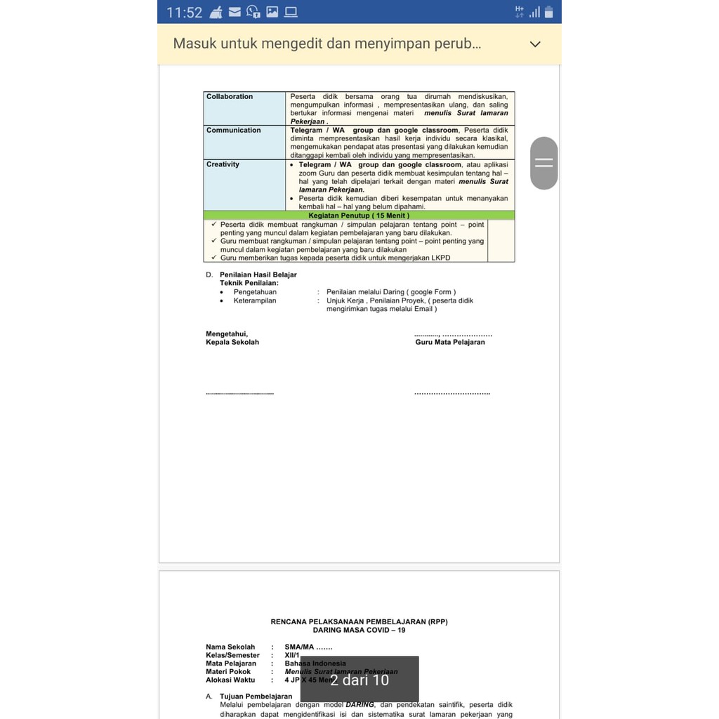 RPP 1 Lembar (RPP Daring &amp; Luring/tatap muka) SMA, Mapel Bahasa Indonesia kls 12,  2semester