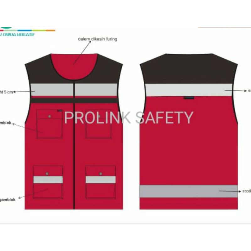 ROMPI SAFETY PREMIUM BAHAN KAIN DRILL FREE LOGO K3 BENDERA DALAM PAKAI FURING MERAH HITAM