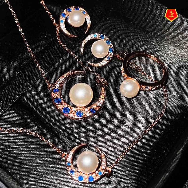 [Ready Stock]Niche Necklace Creative Moon Pearl Necklace and Earring Suit