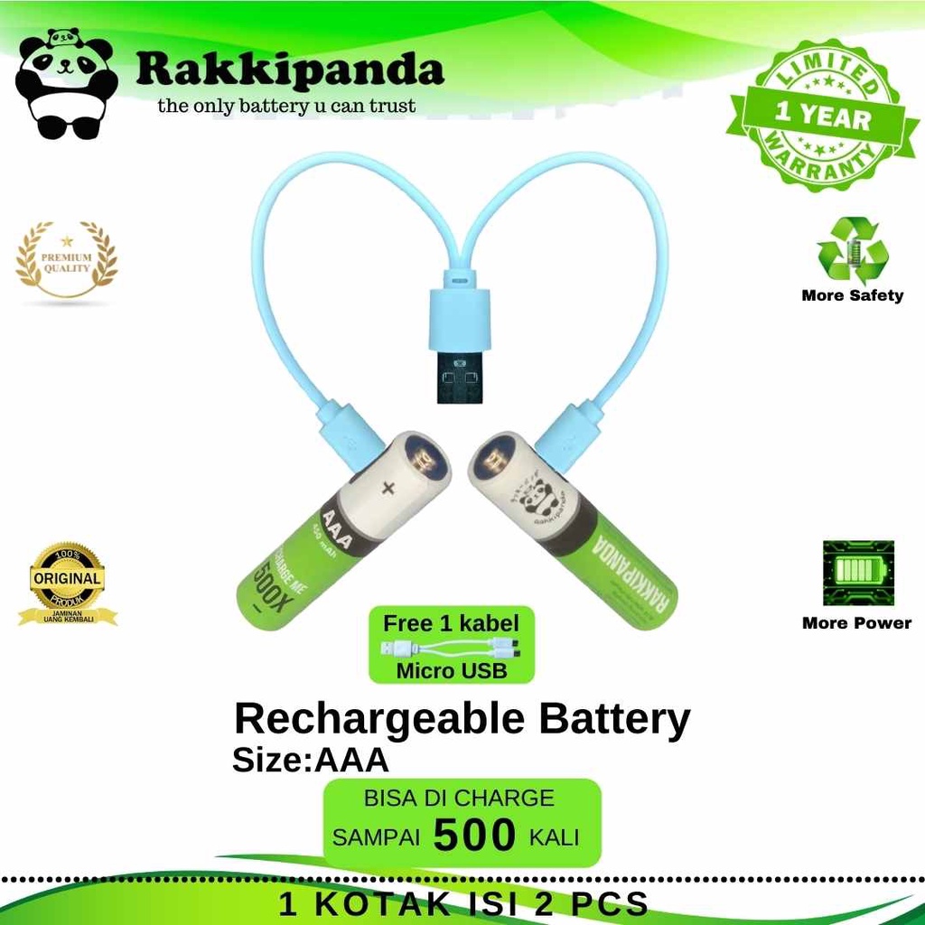 R/K- RakkiPanda - Baterai Cas isi Ulang AAA 1.2V Micro USB Rechargeable Ni-MH Battery Charge