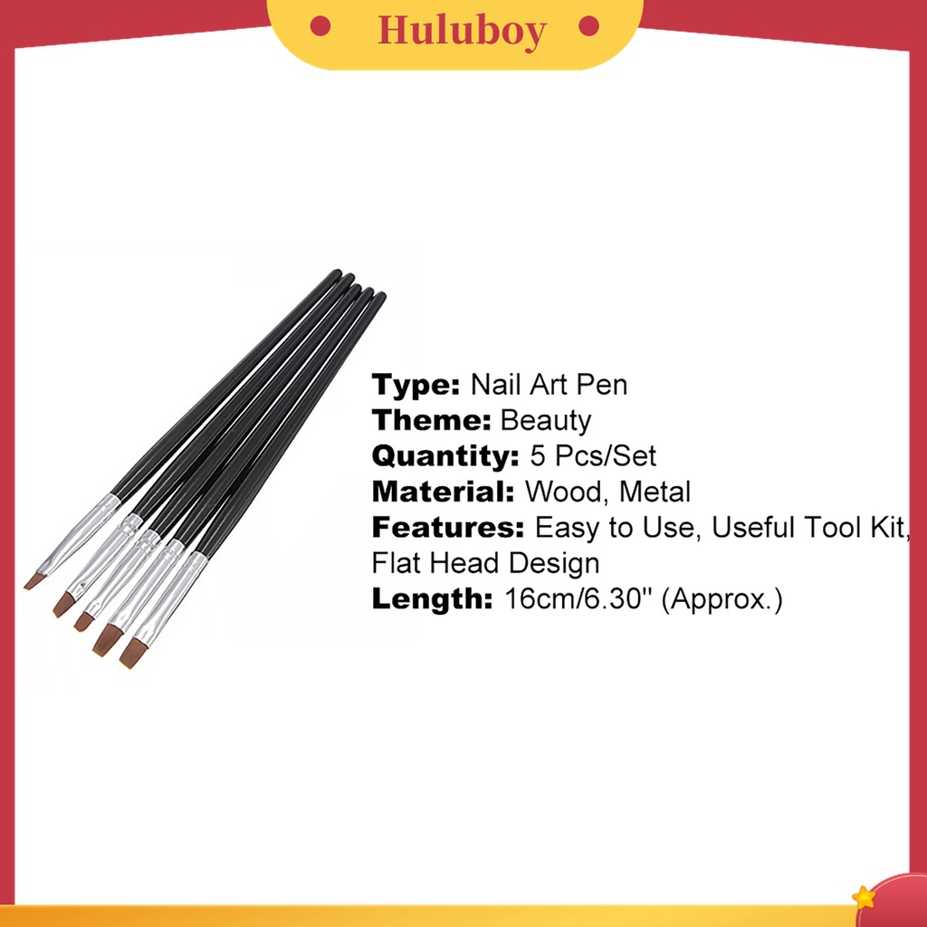 Huluboy Huluboy♡ 5pcs / Set Brush Nail Art Profesional Gagang Kayu Metal Anti Pudar Untuk Wanita