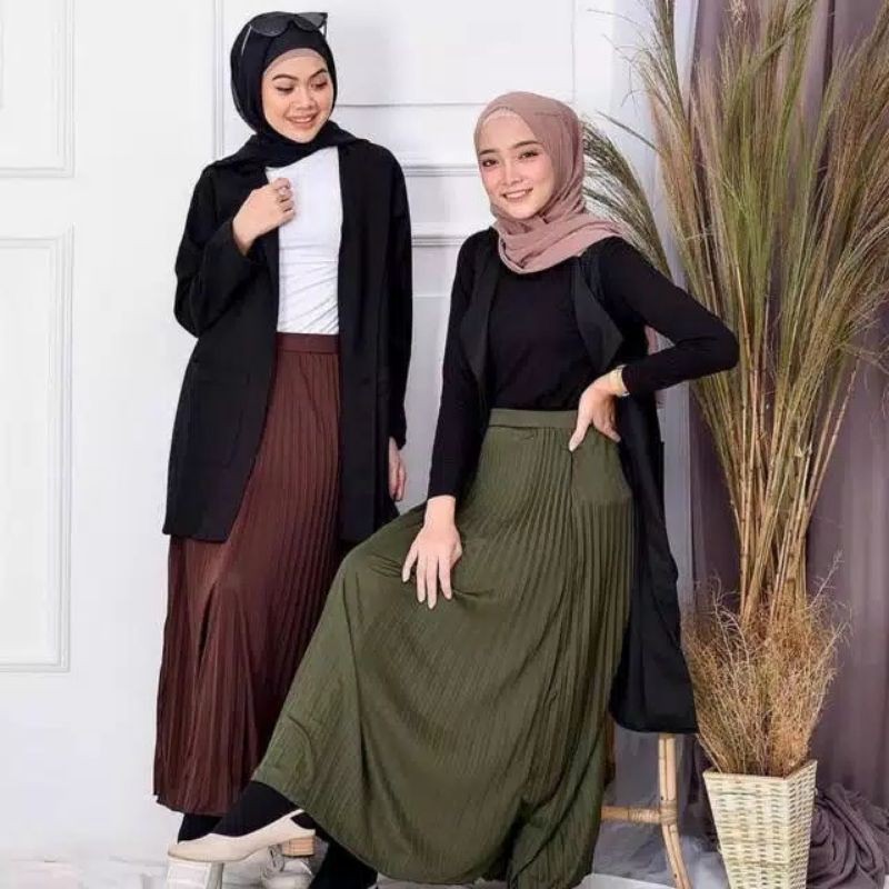 01 Rok panjang salur plisket pliskit wanita cewek allsize fit L XL harian santai murah