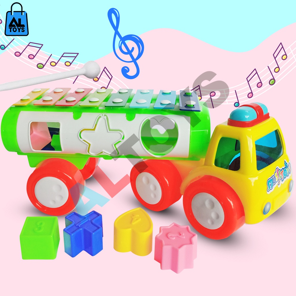 Mainan Edukasi Anak Alat Musik Tangga Nada Xylophone Gambang / Menggenal Bentuk Shape Model Mobil Truck AU01