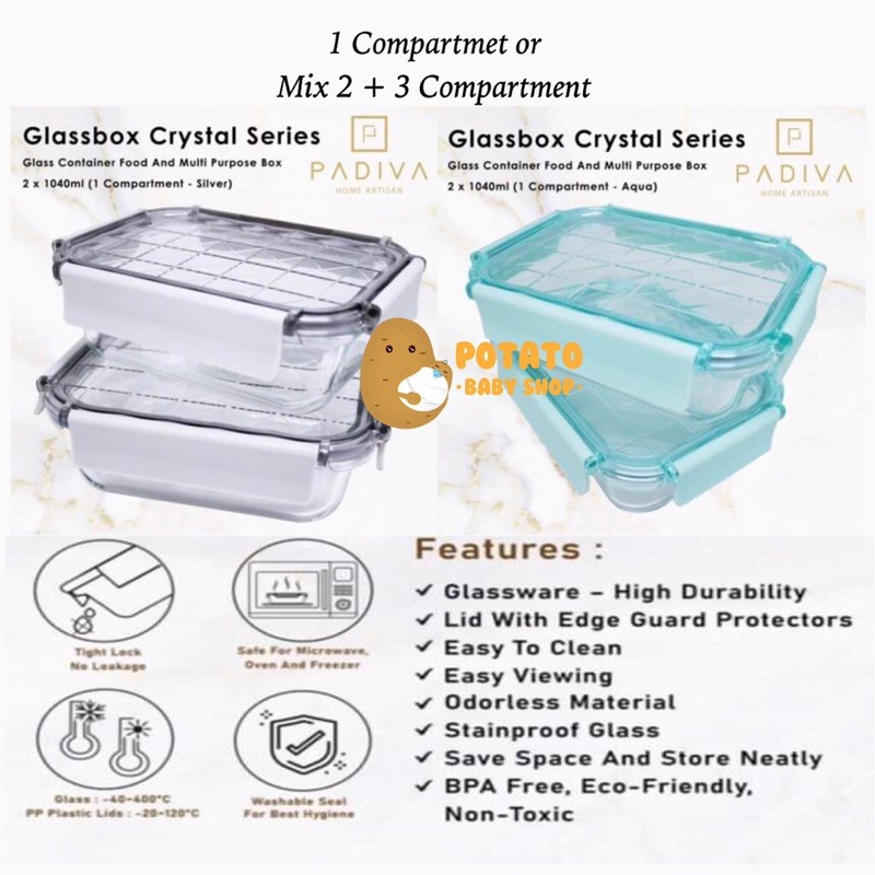 Padiva 1040ml (2pcs) Crystal Glassbox 1 &amp; Mix Compartment