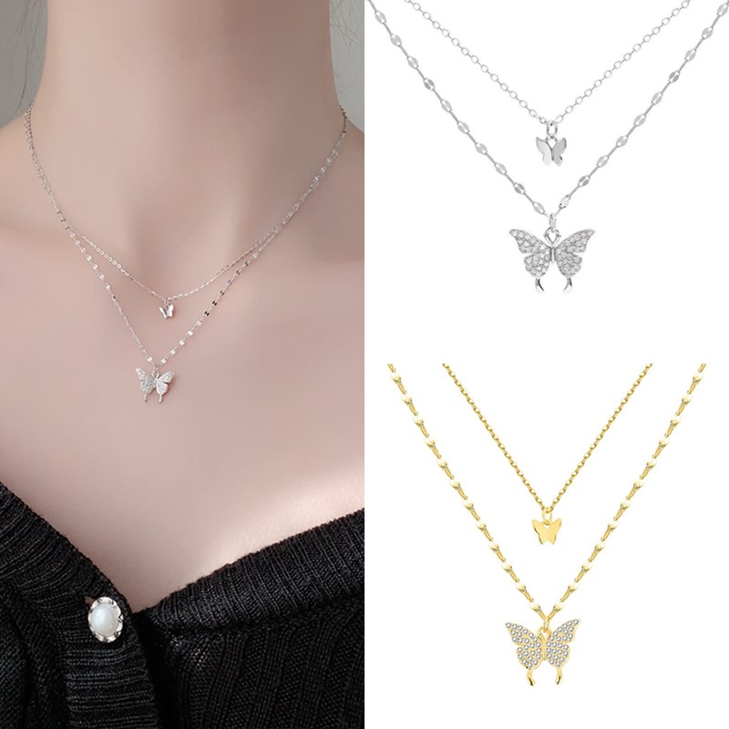 Kalung Rantai Silver 925 Multi layer Liontin Kupu-Kupu Hias Zircon Gaya Korea Untuk Wanita