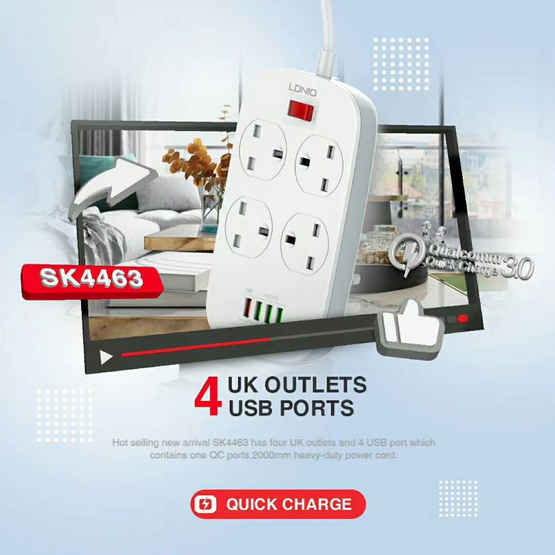 LDNIO SC4407 stop kontak 4 lubang 4USB FAST CHARGING