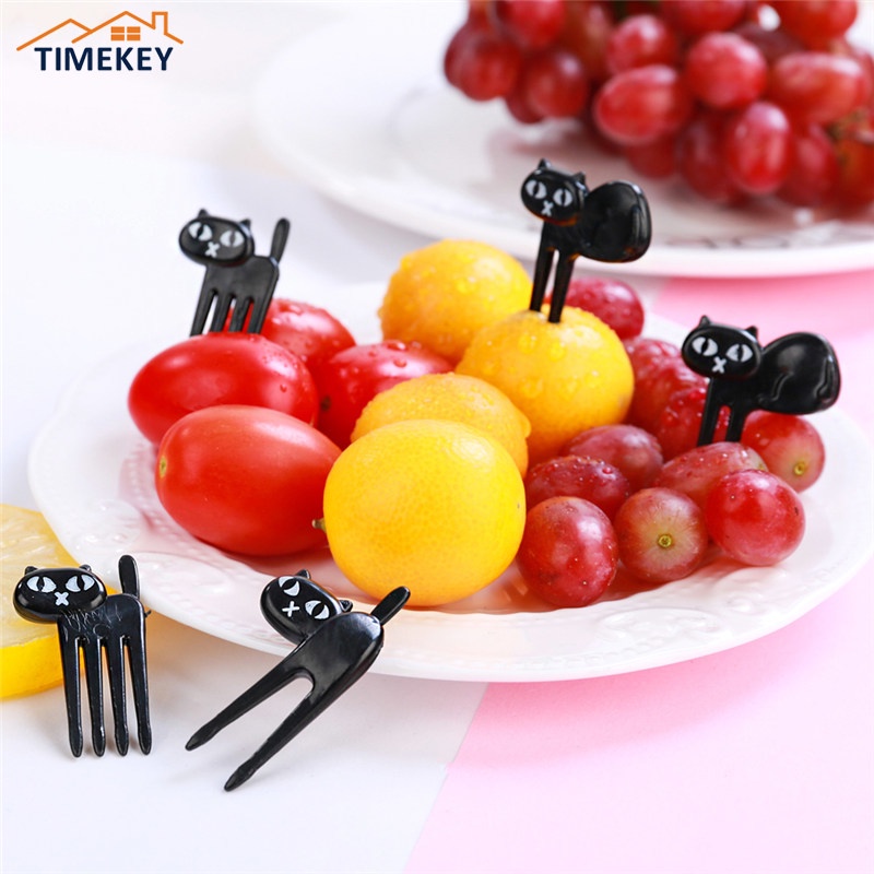 TK 6pcs/pack Cute Animal Fruit Fork Kids Snack Dessert Cartoon Forks Toothpick Lunch Decoration Black Cat Pattern