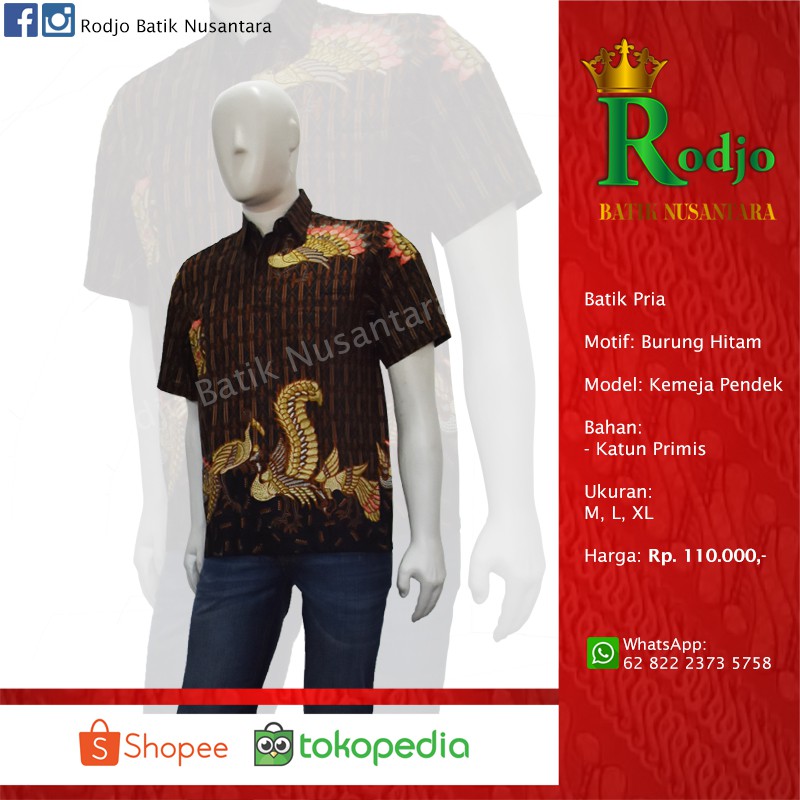 Batik Pria Motif Burung Hitam Model Kemeja Pendek