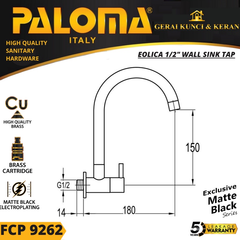 PALOMA FCP 9262 Keran Sink Angsa Cuci Piring Dapur Tembok Kran Air HITAM BLACK MATTE