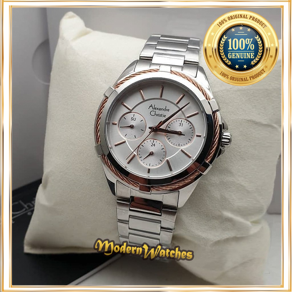 Jam Tangan Wanita Alexandre Christie AC 2841 Ori Silver White Putih Rantai Stainless Sporty Cewek