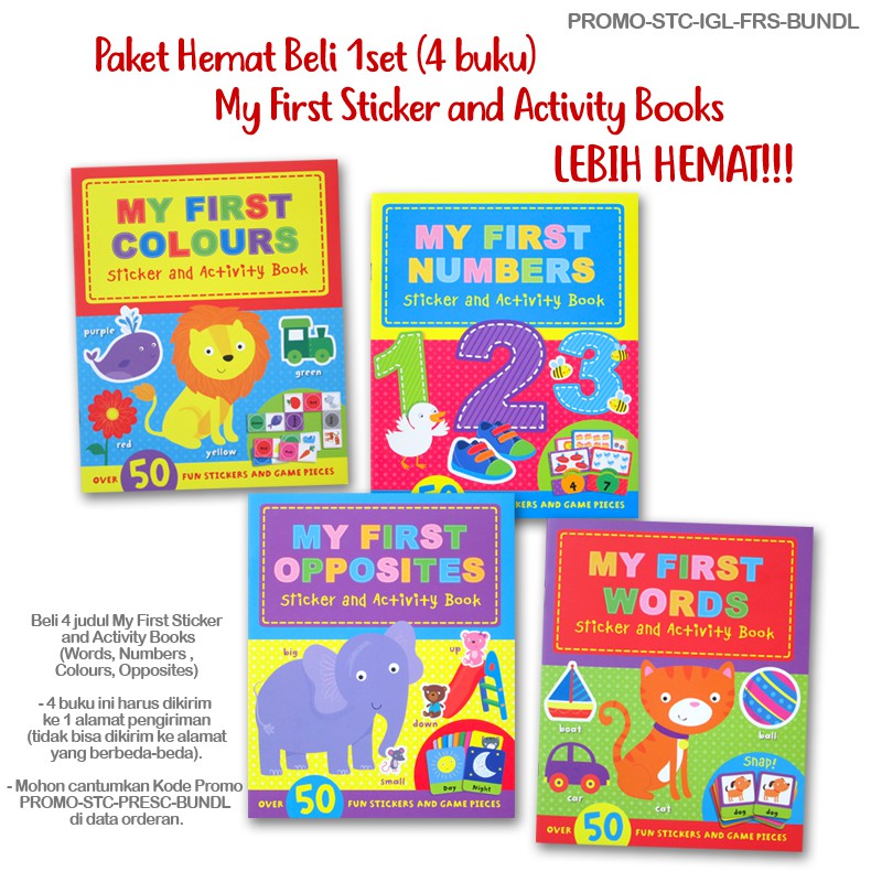 BUKU MY FIRST STICKER AND ACTIVITY BOOKS (NUMBER, COLOURS, OPPOSITES, WORD)