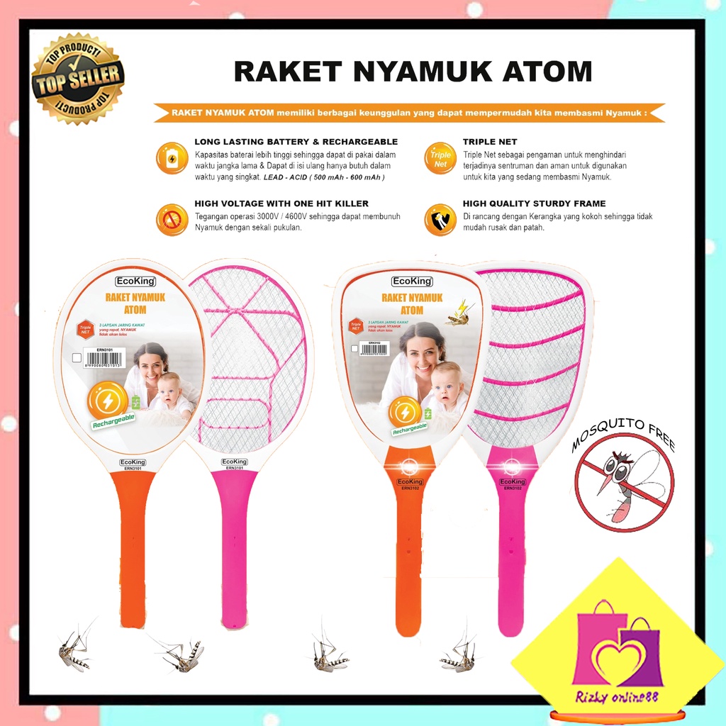 Rizkyonline88 raket nyamuk led rechargable / alat listrik pembasmi serangga nyamuk