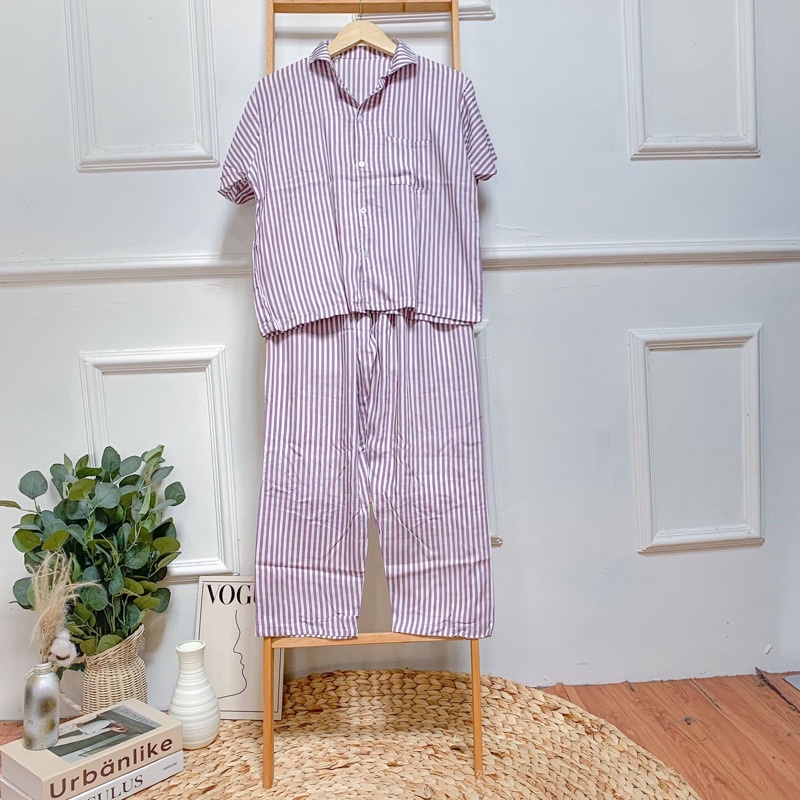 SETELAN LENGAN PENDEK PIYAMA BAJU TIDUR WANITA CEWEK BUSUI ONE SET RAYON MOTIF-KCPJ Stripe Purple