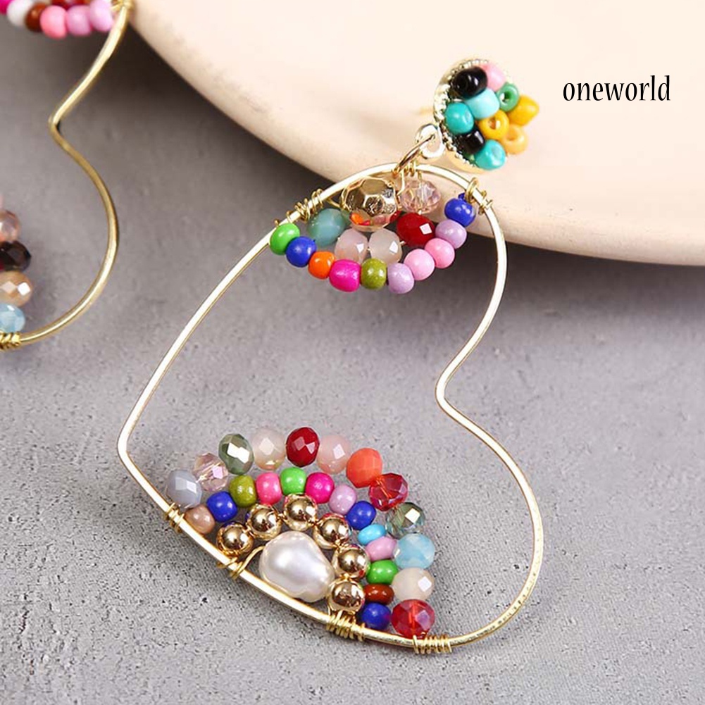 OW# Boho Women Beads Heart Big Hollow Dangle Ear Stud Earrings Party Club Earrings