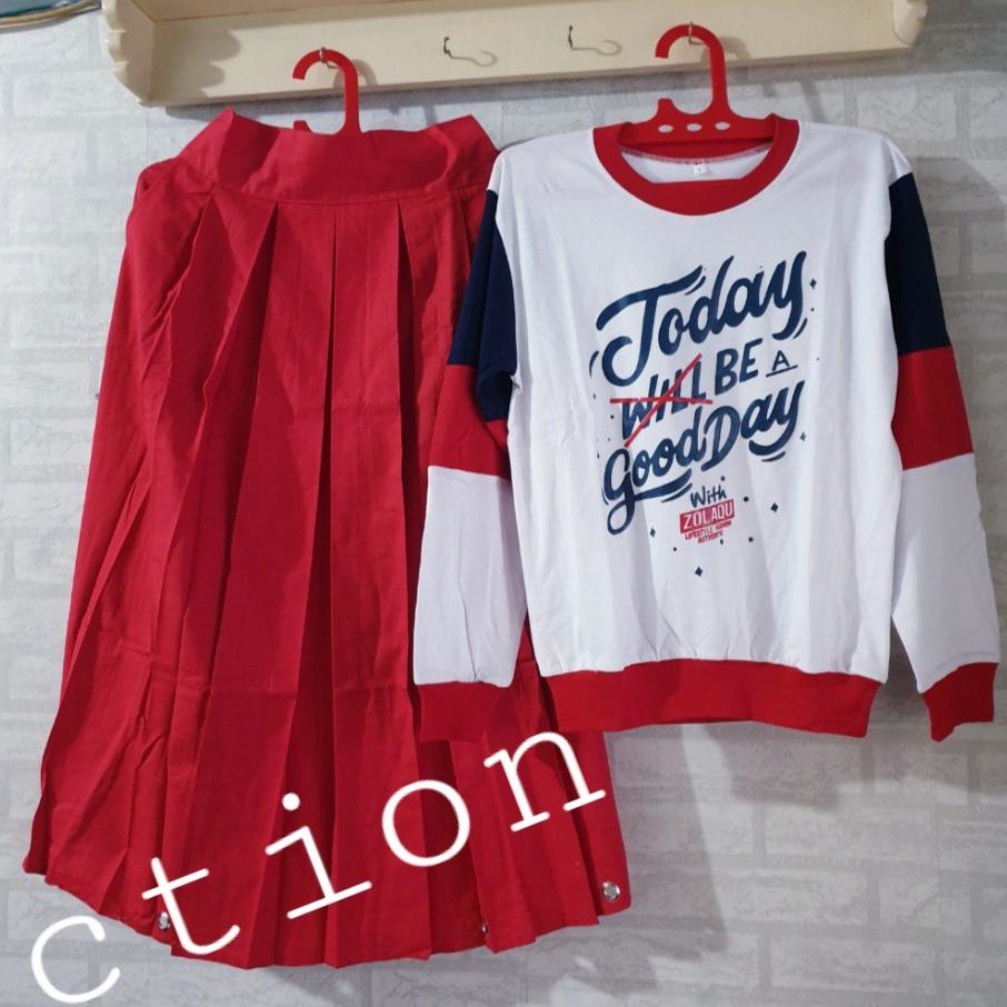 Setelan Wanita Rok Ring Panjang Merah dan Kaos Putih Today Kombinasi Kaos Zolaqu Set Trendy Wanita