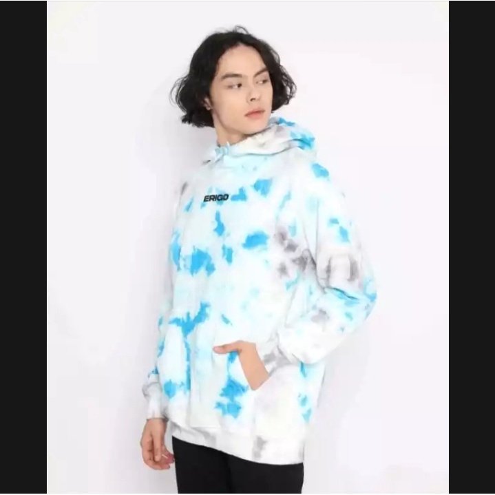 Sweater Hoodie Tie dye Erigo Putih-Biru Unisex Pria/Wanita Material Fleece Premium