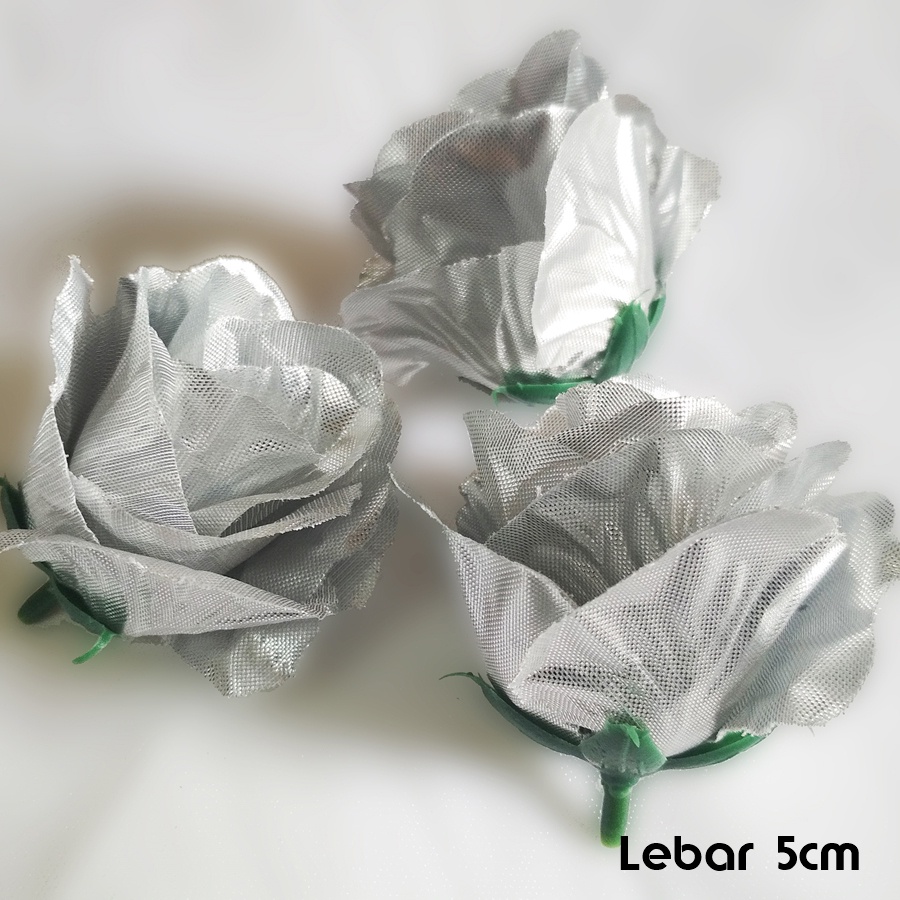 Bunga Plastik Mawar Kuntum Kelopak Rose Artificial Backdrop Dekorasi Seserahan Hantaran Mahar-A5-Perak5cm