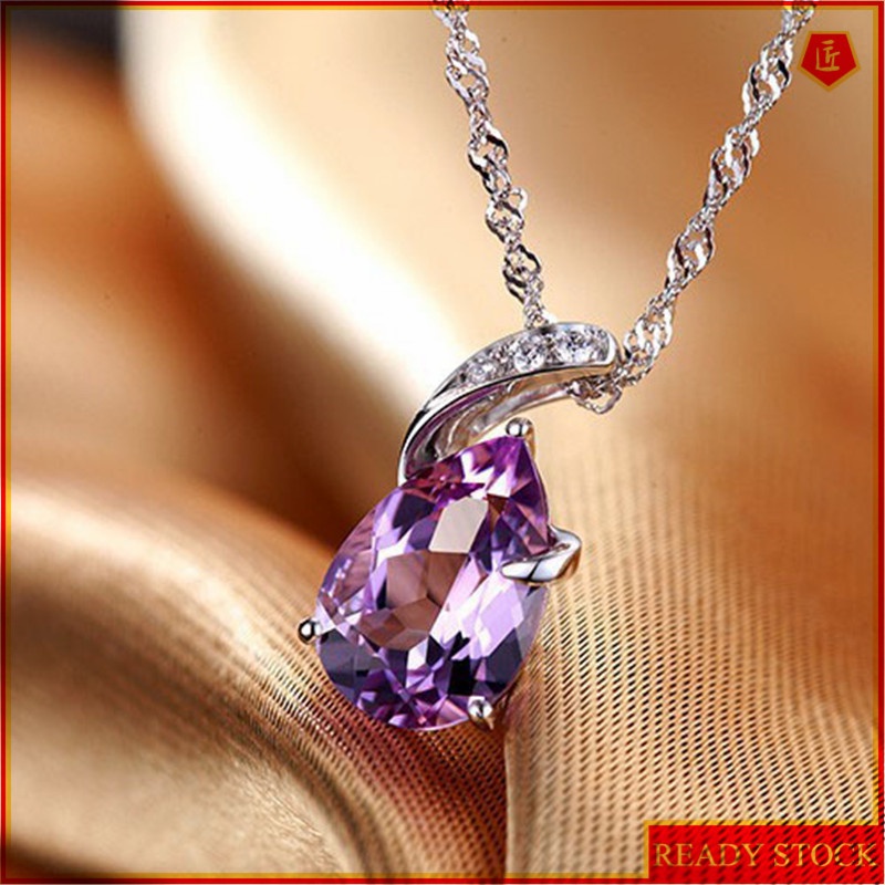 [Ready Stock]Fashion Inlaid Amethyst Gem Pendant Necklace