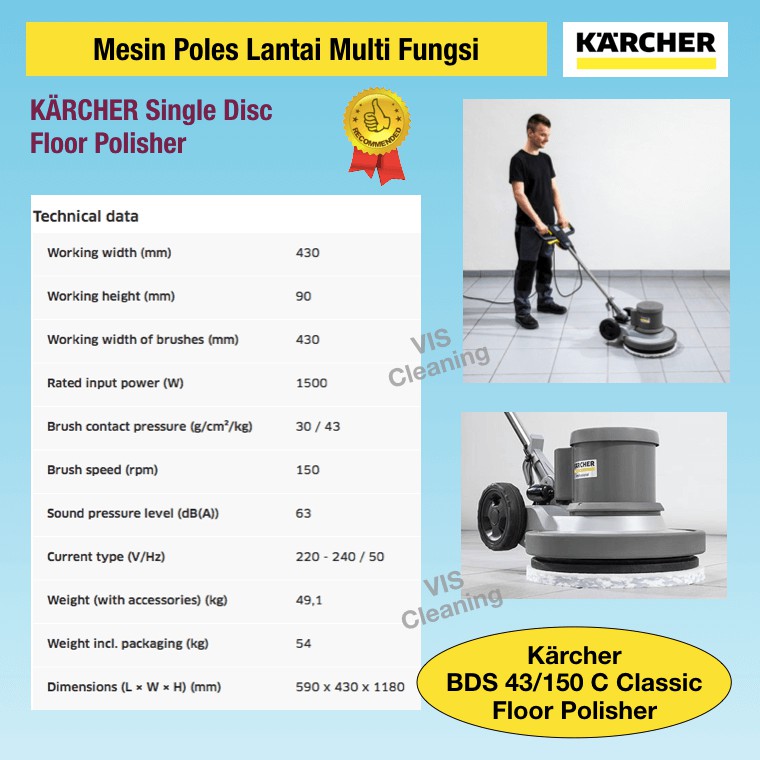 Polisher 17 inch 150 RPM Karcher BDS 43/150 C (Mesin Poles Lantai)