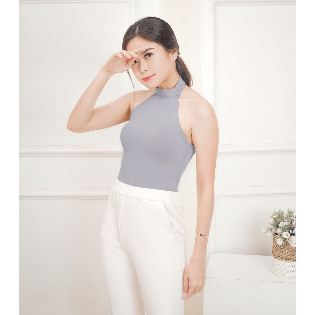 MODAVIE - AVA HALTER TOP Tanktop Korea Turtle Neck Korean Tank Top Crop Top Korea Baju Atasan Wanita-GREY
