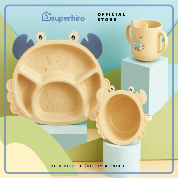 BPA Free Set 6 in 1 Dino Piring Makan Komplit Anak Baby Mangkok Bamboo