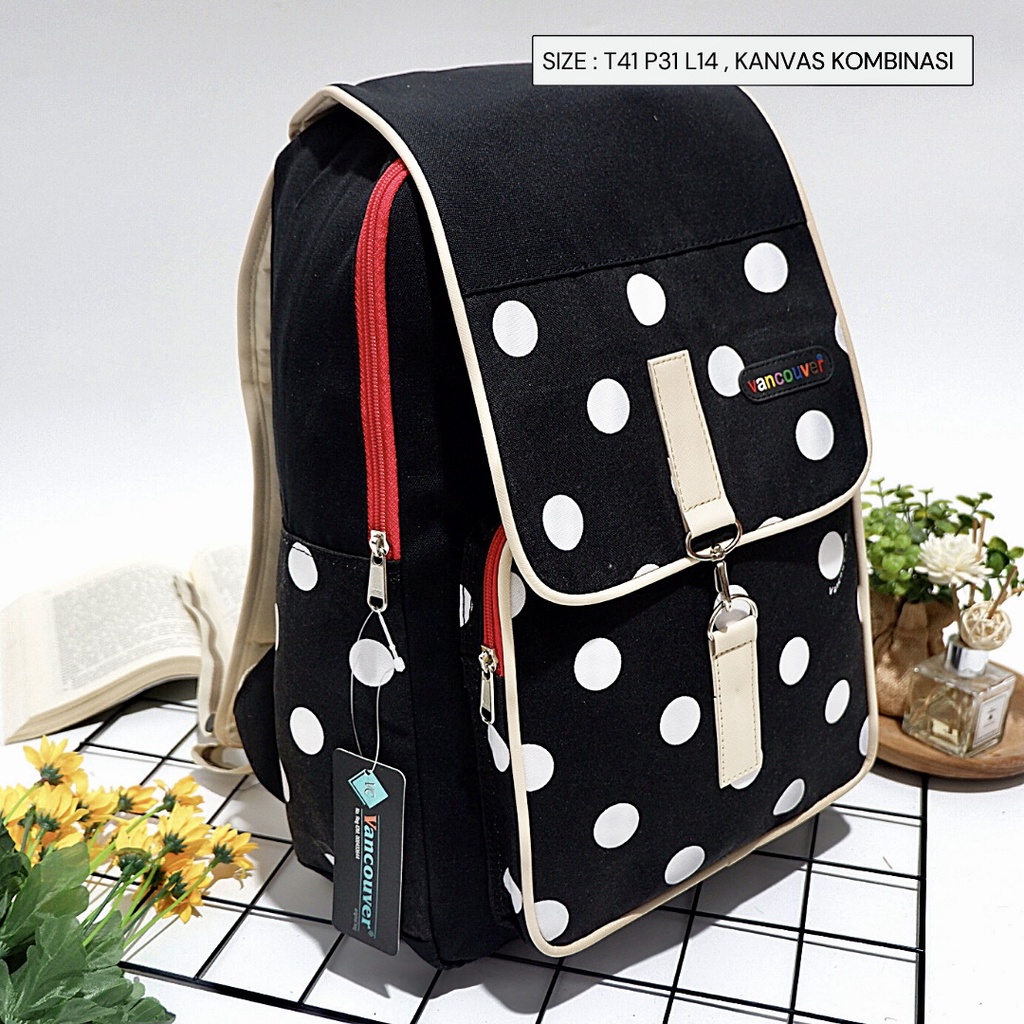 (COD) Free Ongkir 12 12 Tas Backack Ransel kantong polkadot Bahan kanvas Buat Cewek Murah Meriah