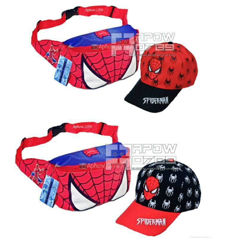 Paket 2in1 tas selempang waistbag anak Spiderman + topi baseball bordir Spiderman ( REAL PICT )