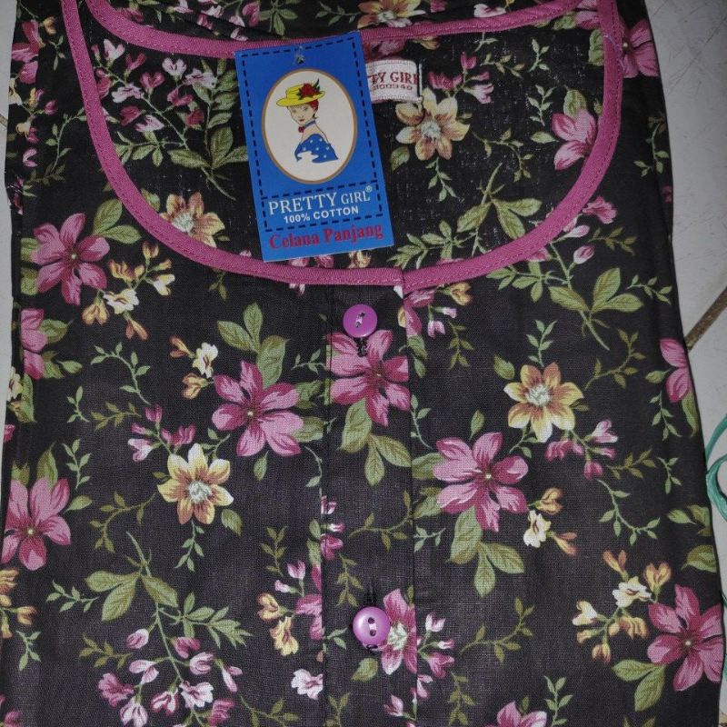 Piyama Cp set celana panjang Katun Motif Bunga Pretty girl-KODE 24B HITAM