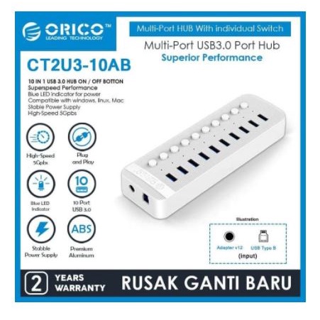 Usb 3.0 hub orico 10 port 5Gbps switch on off adapter 100m cable ct2u3-10ab - Terminal usb3.0 10 slot saklar adaptor