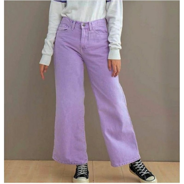 Celana kulot jeans wanita putih lilac hitam highwaist denim jins cewek cullote cutbray Boyfriend korean style kekinian