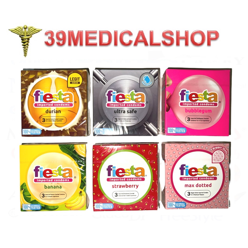 KONDOM FIESTA ISI 3 - FIESTA BANANA - FIESTA BUBBLE GUM - FIESTA DURIAN - STRAWBERRY - ULTRA SAFE