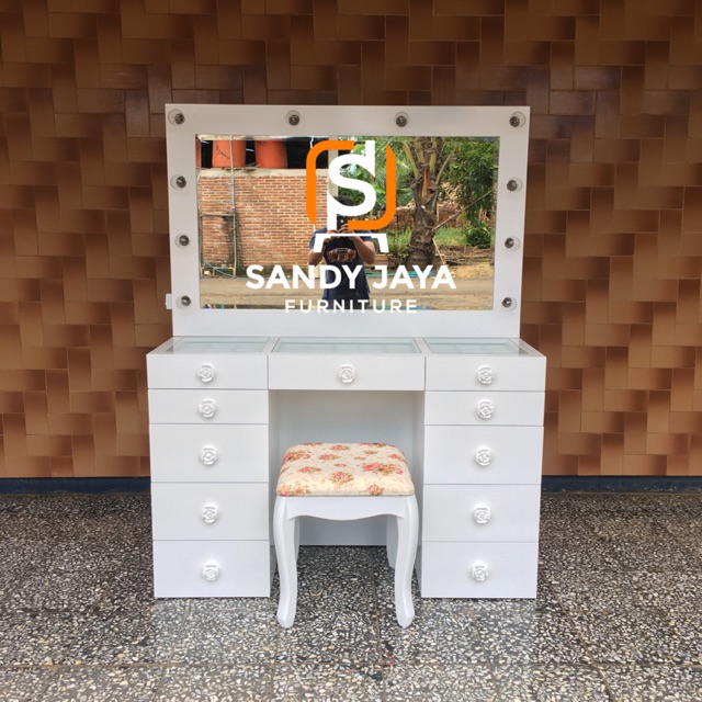 Meja rias lampu putih duco, vanity dresser putih duco, meja rias minimalis duco