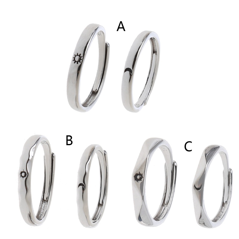 Ran 2Pcs / Set Cincin Adjustable Desain Matahari + Bulan Untuk Pasangan / Pria / Wanita