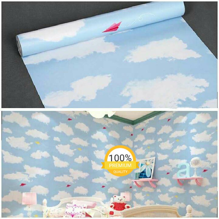 Wallpapaer Sticker Dinding Grosir Murah Motif Awan & Pesawat Kertas Background Biru Langit