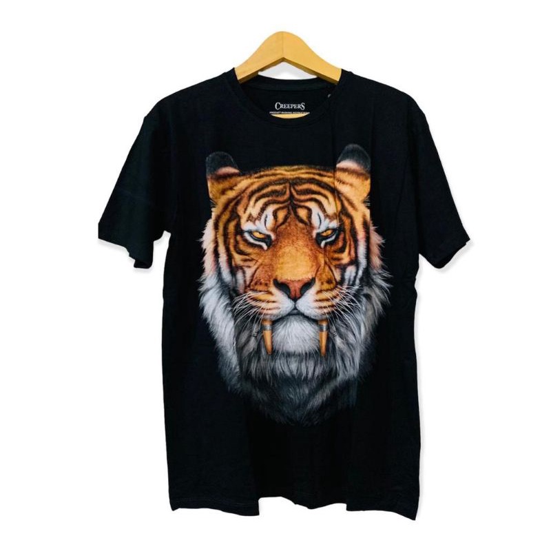 TSHIRT KQOS DISTRO HITAM MURAH HARIMAU COKLAT KATUN COMBED