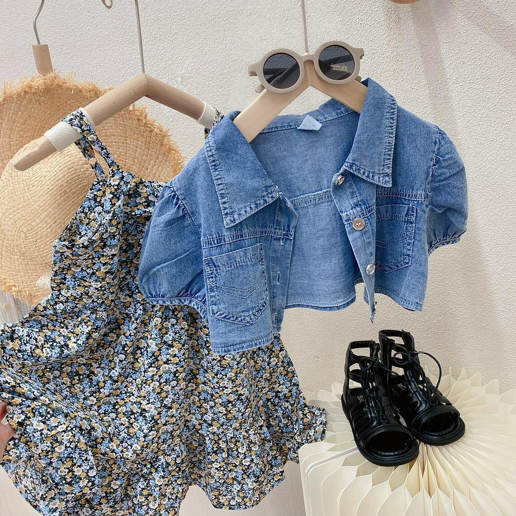 babyfit 3-8thn setelan dress tanktop dengan crop jacket jeans pendek anak perempuan import al-0522